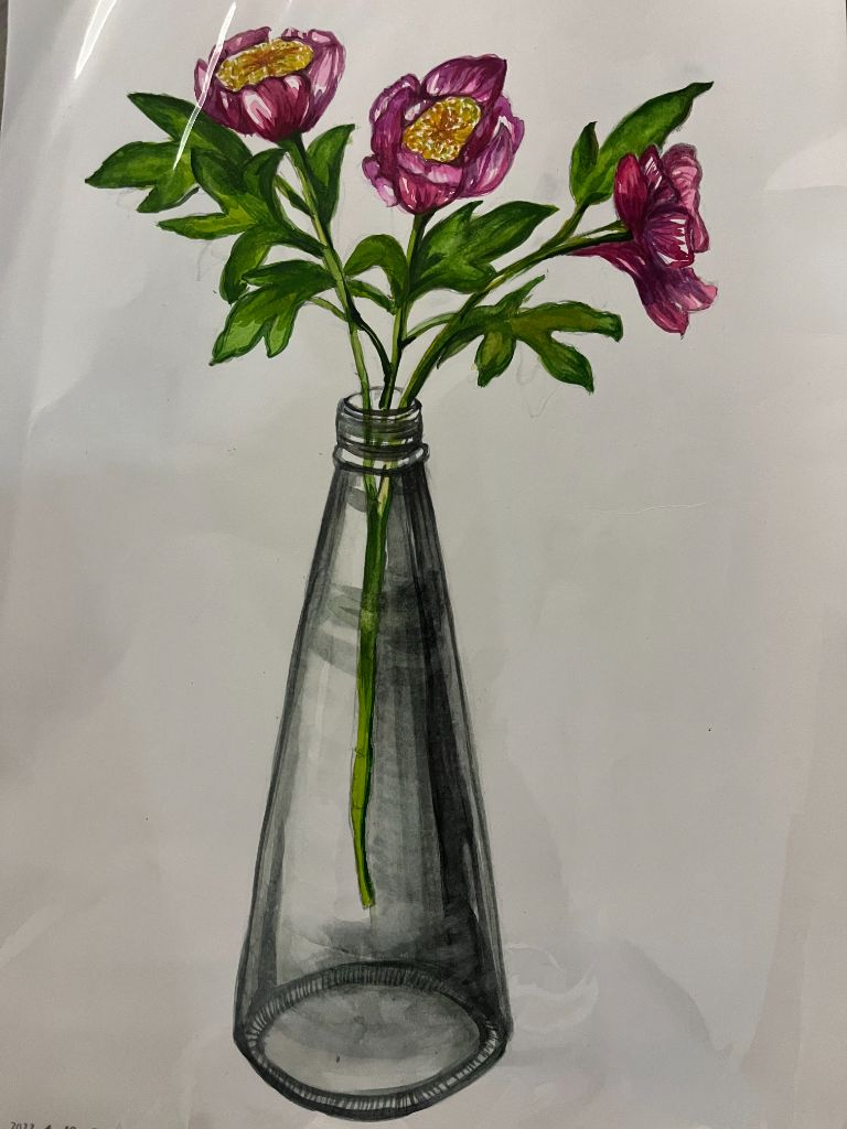 Three peonies in pink and magenta, painted in watercolor, arranged in a translucent glass vase drawn in grey graphite.